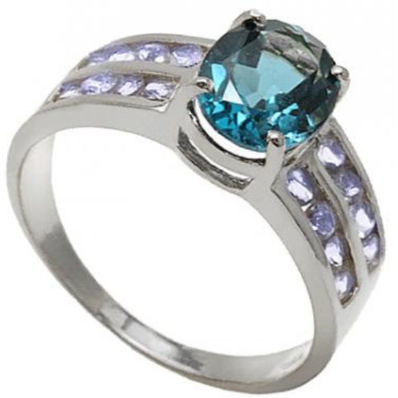 Designer Jewelry - 2.80CTW LondonBlue Topaz•0.64CTW 16 Tanzanites•14K WhiteGold/SterlingSilver Ring